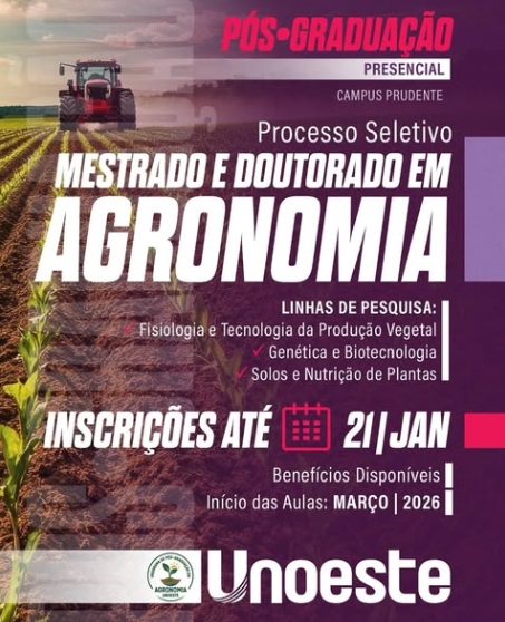 UNOESTE – Processo seletivo 2026/1 aberto para Mestrado e Doutorado em Agronomia.